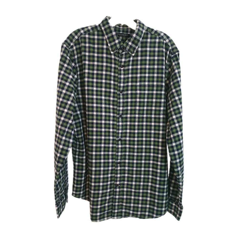 Banana Republic Luxe Flannel Shirt Men L Green Excellent Camden Fit Check